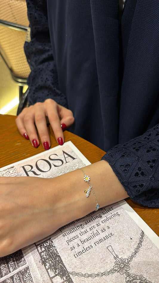 سوار من الفضة الإسترلينية 925 بزركون ومينا ملونة على شكل زهرة وحيوان (نحلة) مطلي بالذهب للنساء